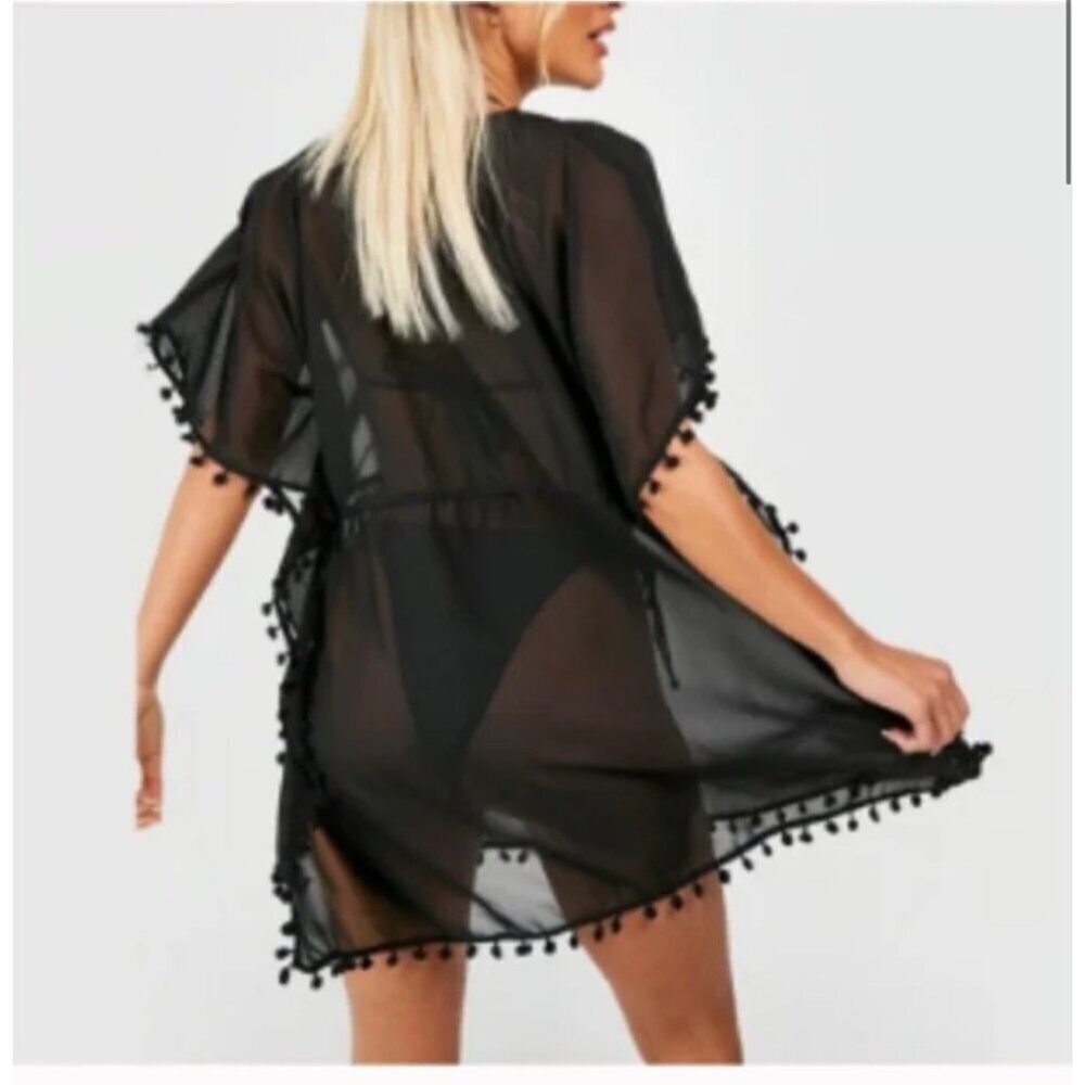 2x$18 West Loop One Size Black 48" x 31" Sheer Pom Pom Women’s Swim Cover Up New - Picture 2 of 3